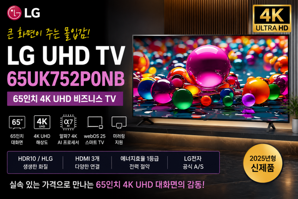 [판매량 기준 1위] LG UHD TV 65UK752P0NB 65인치｜4K UHD 대화면과 AI 화질을 갖춘 실속형 LG 비즈니스 TV 제품 이미지